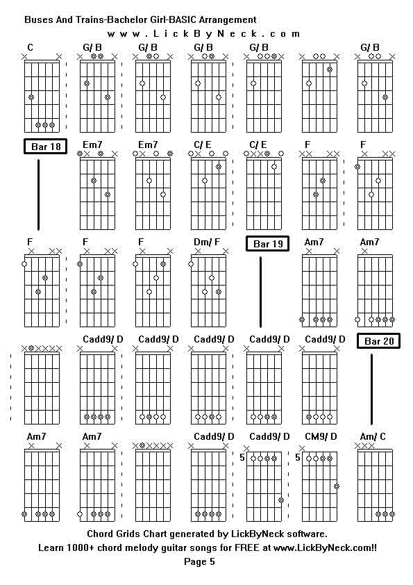 Chord Grids Chart of chord melody fingerstyle guitar song-Buses And Trains-Bachelor Girl-BASIC Arrangement,generated by LickByNeck software.